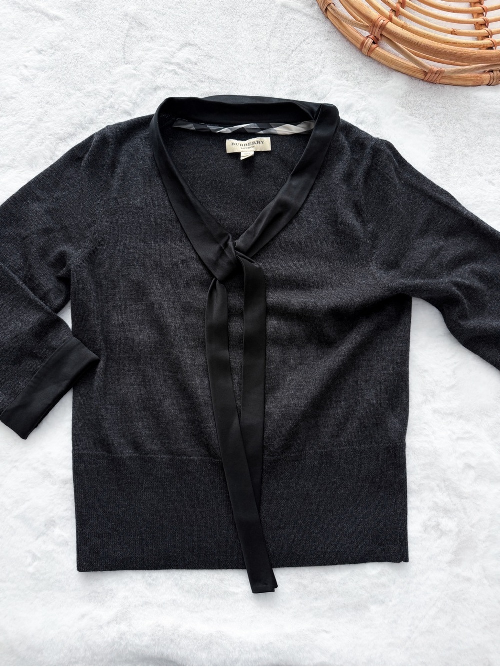 Burberry London Merino Wool Silk Trim Tie Neck Sweater Gray